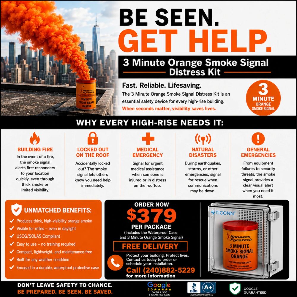 3 Minute Orange Smoke Signal Distress Kit for high-rise emergencies.