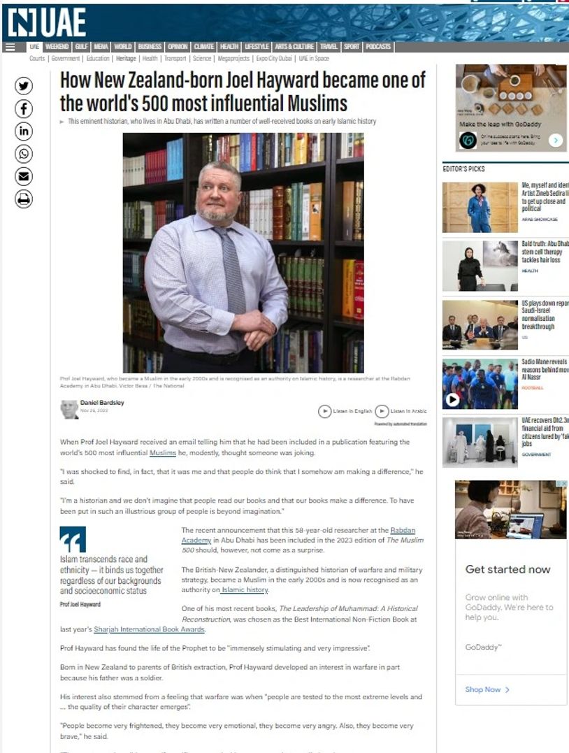 The National newspaper interviewed Professor Joel Hayward about becoming one of the World's 500 Most