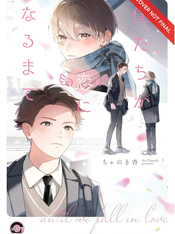 Romantic anime cover with two young men and soft pastel colors.