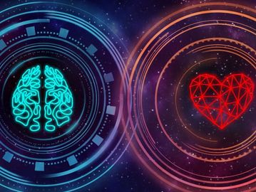 I digit blue brain in circles on left. A digital red heart shape in circles on right.
