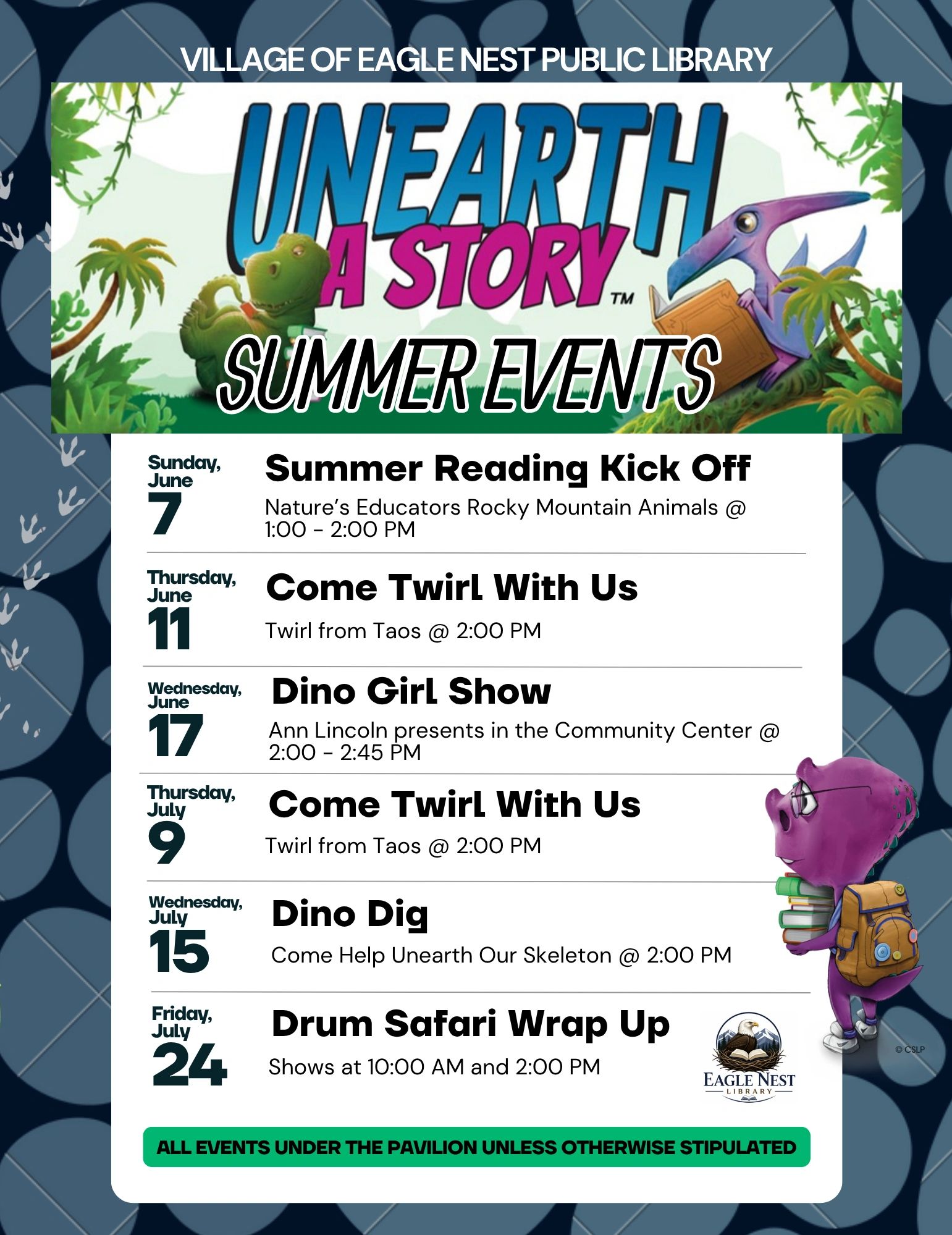 Village of Eagle Nest Public Library summer events featuring dinosaur-themed activities.