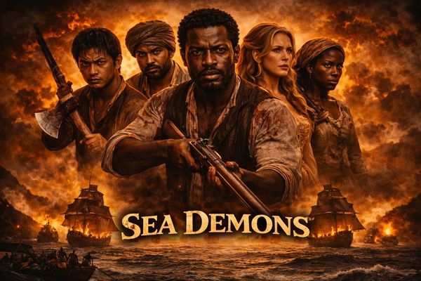 Poster of Sea Demons with intense characters and burning ships.
