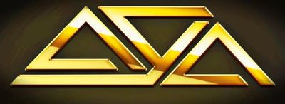 Golden geometric logo with sharp triangular shapes on a dark background.
