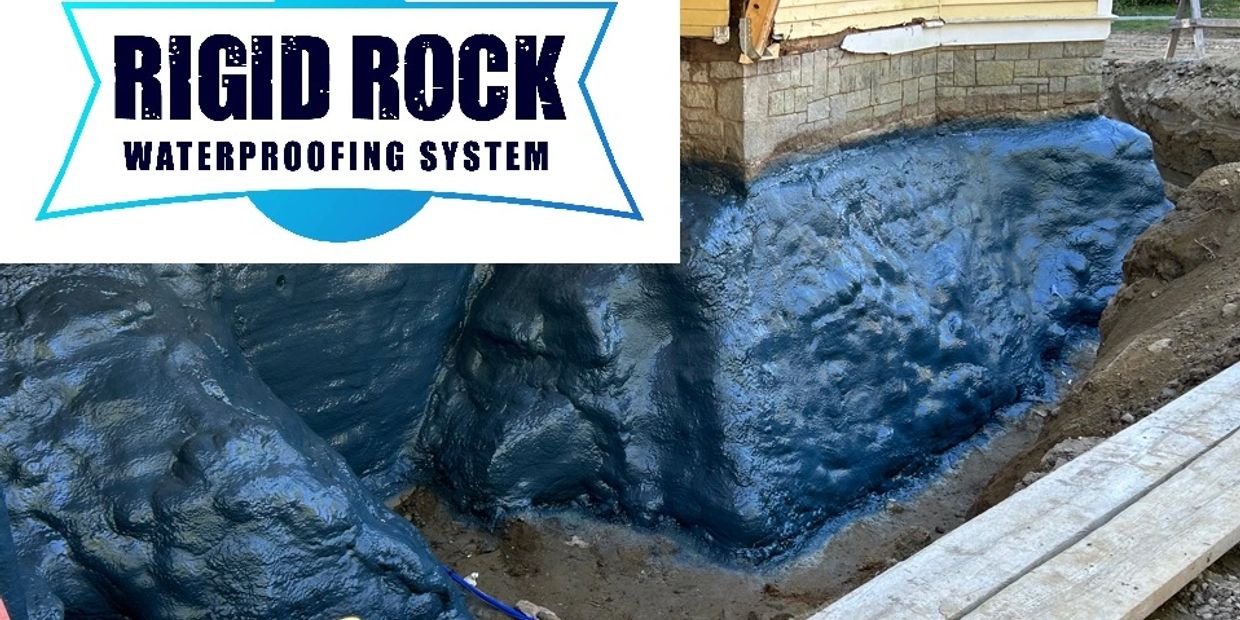 Foundation coated with Rigid Rock waterproofing system for protection.