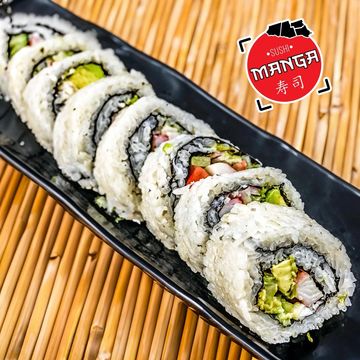 CALIFORNIA ROLL : Crab, avocado, cucumber, cream cheese, nori seaweed, sesame seeds