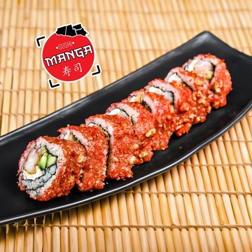 CHEETARA ROLL : Shrimp, cream cheese, cucumber, nori seaweed, hot cheetos