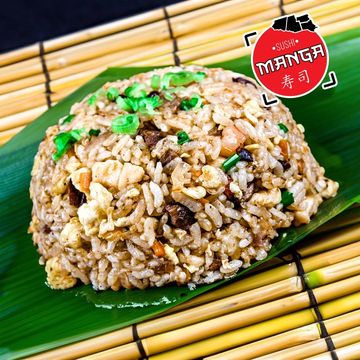 MANGA RICE : Fried rice with egg, black sauce, margarine, chicken, beef shrimp, carrot, garlic,  bea