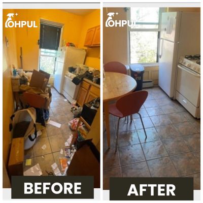 Before and after photos of a deep kitchen cleaning. 