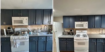 Two views of a kitchen with dark cabinets and white appliances.