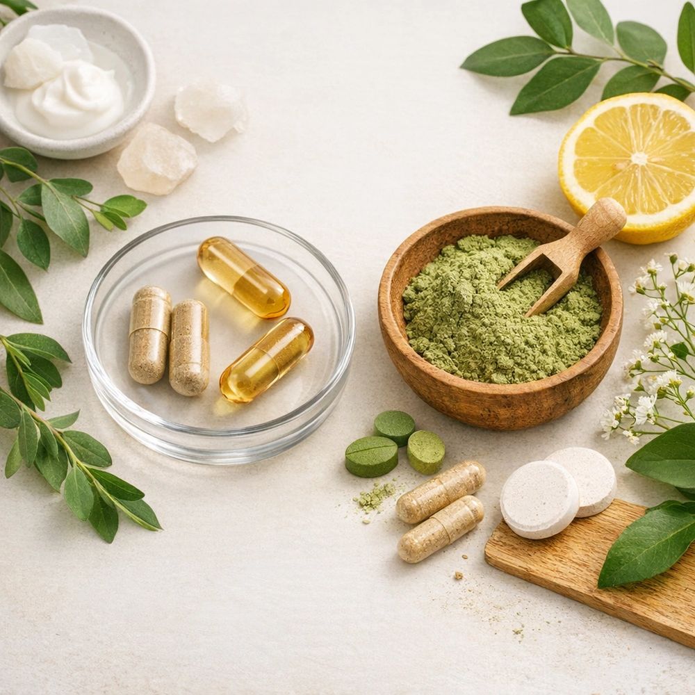 Natural supplements and herbal powders with fresh lemon and leaves.