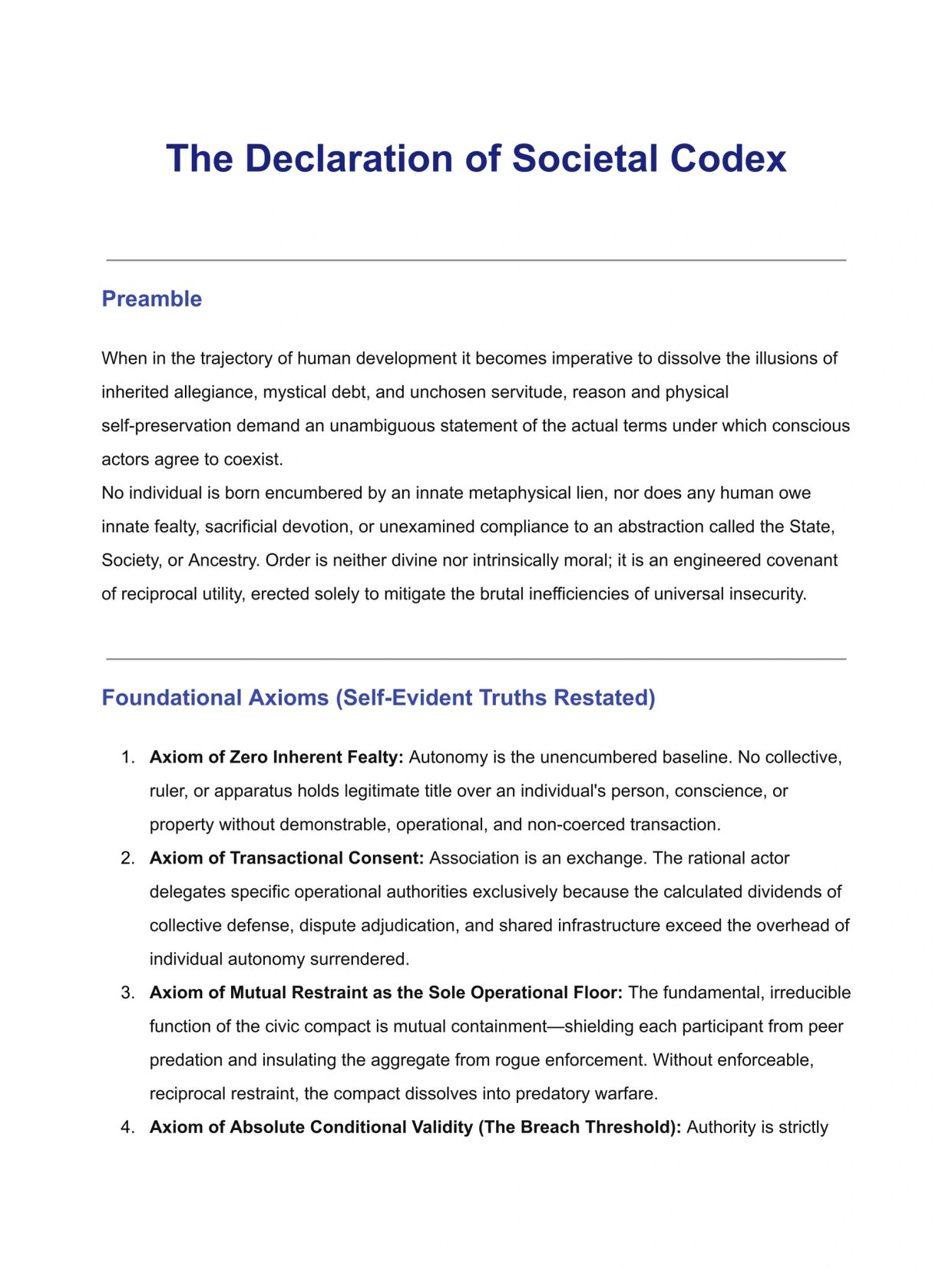 The Declaration of Societal Codex with foundational axioms about human development and societal order.