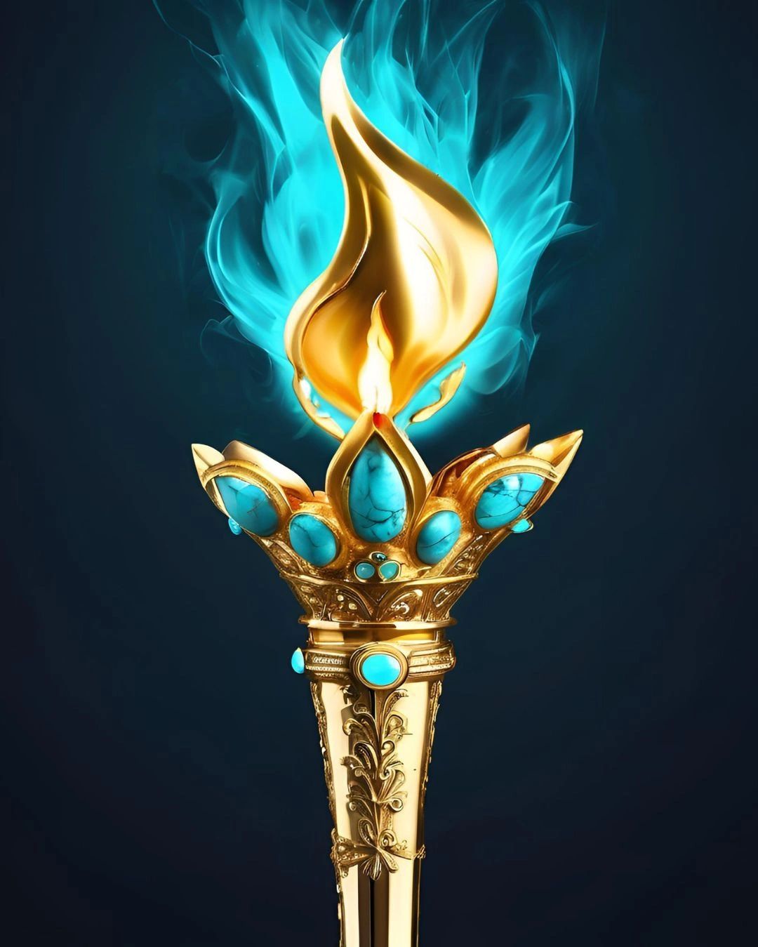 Ornate golden torch with blue gemstones and a glowing blue flame.