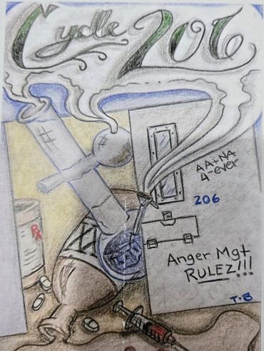 Colored drawing showing drug paraphernalia and messages about anger management and friendship.