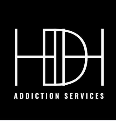 Logo for HDH Addiction Services in white on black background.