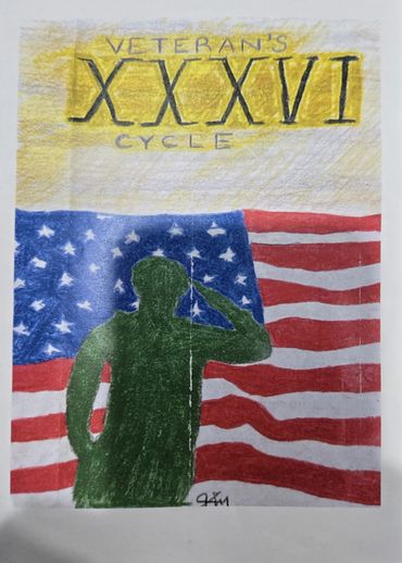 Drawing of a soldier saluting in front of the American flag with 'Veteran's XXXVI Cycle' text.