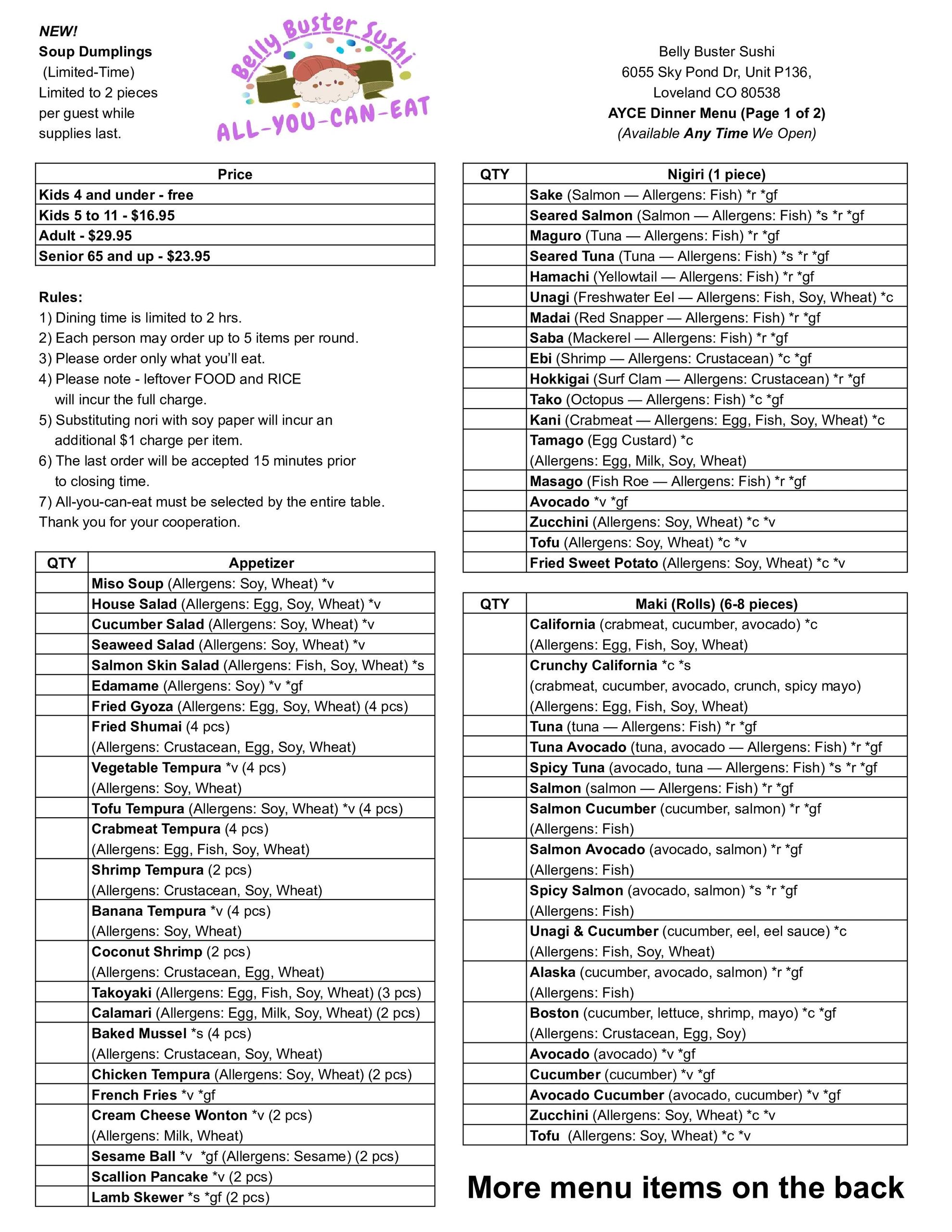 Belly Buster Sushi AYCE dinner menu with prices, rules, and sushi options.