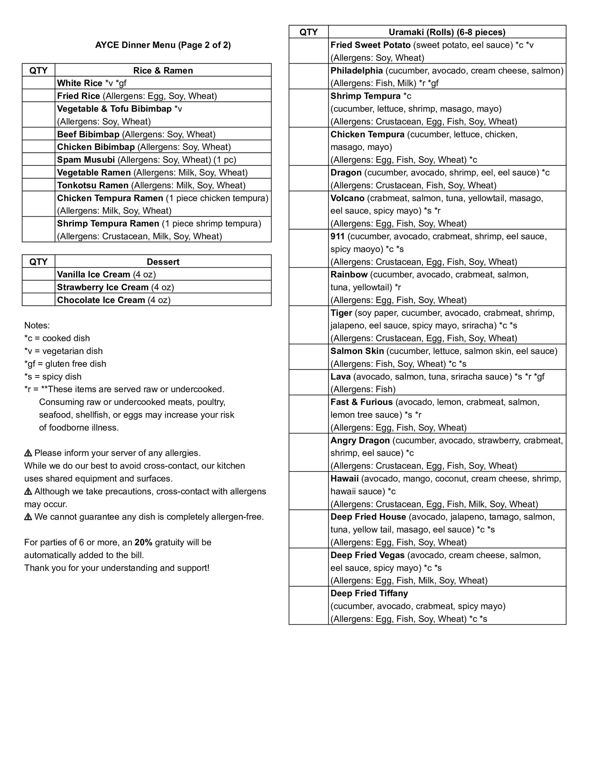 Sushi and Asian dinner menu with allergy info, rice, ramen, dessert.