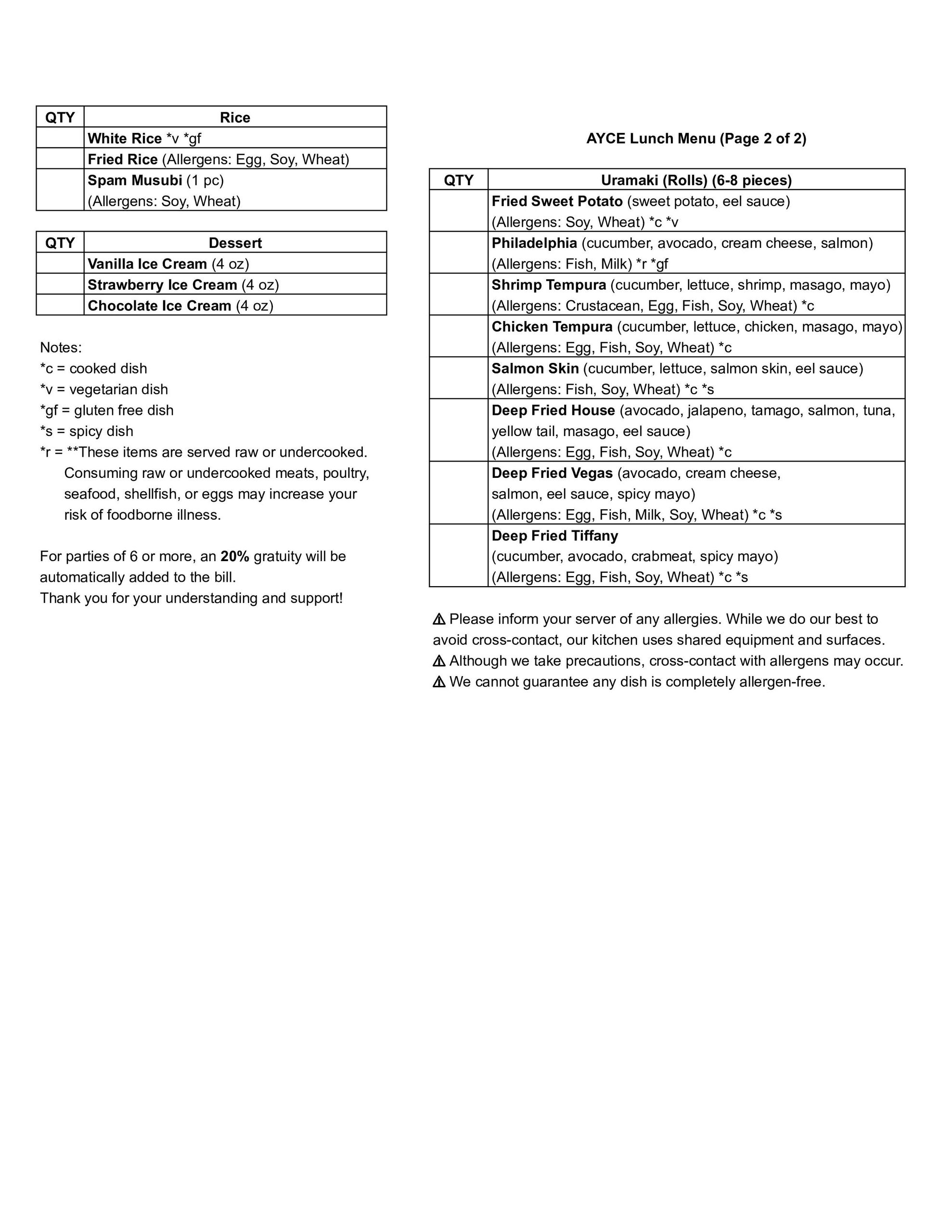 Menu page featuring rice, dessert, and uramaki rolls with allergen info.