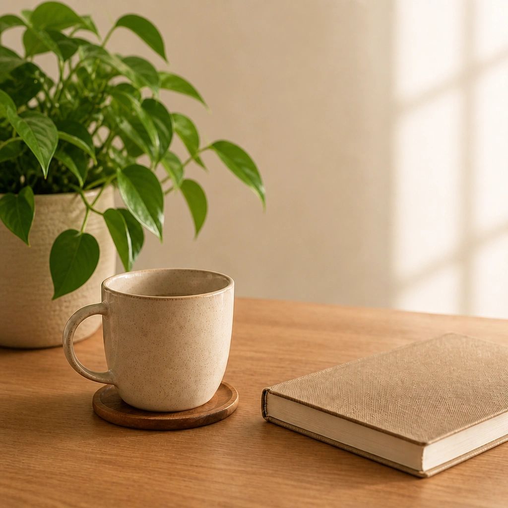A beige coffee cup on a wooden coaster beside a closed book and potted plant.