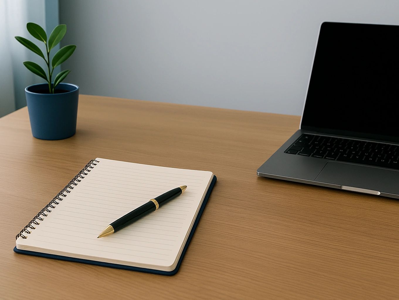Calm desktop with notebook, laptop, and plant