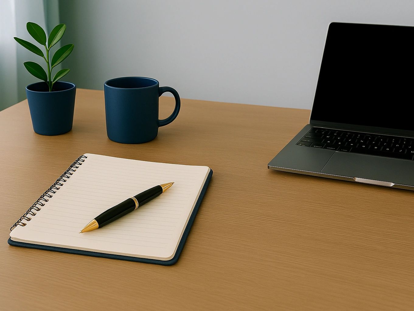 Organized desktop with notebook, coffee mug, laptop, and plant