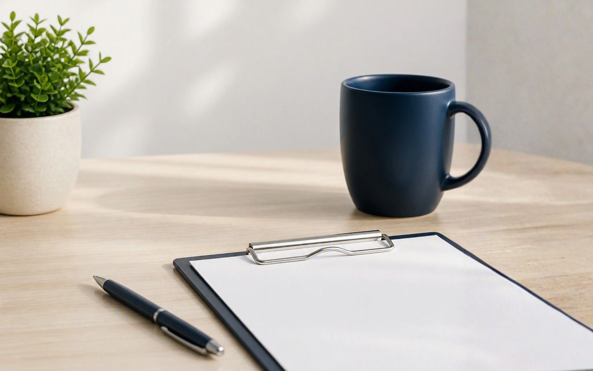 A minimalist desktop with plant, mug, clipboard, and pen.