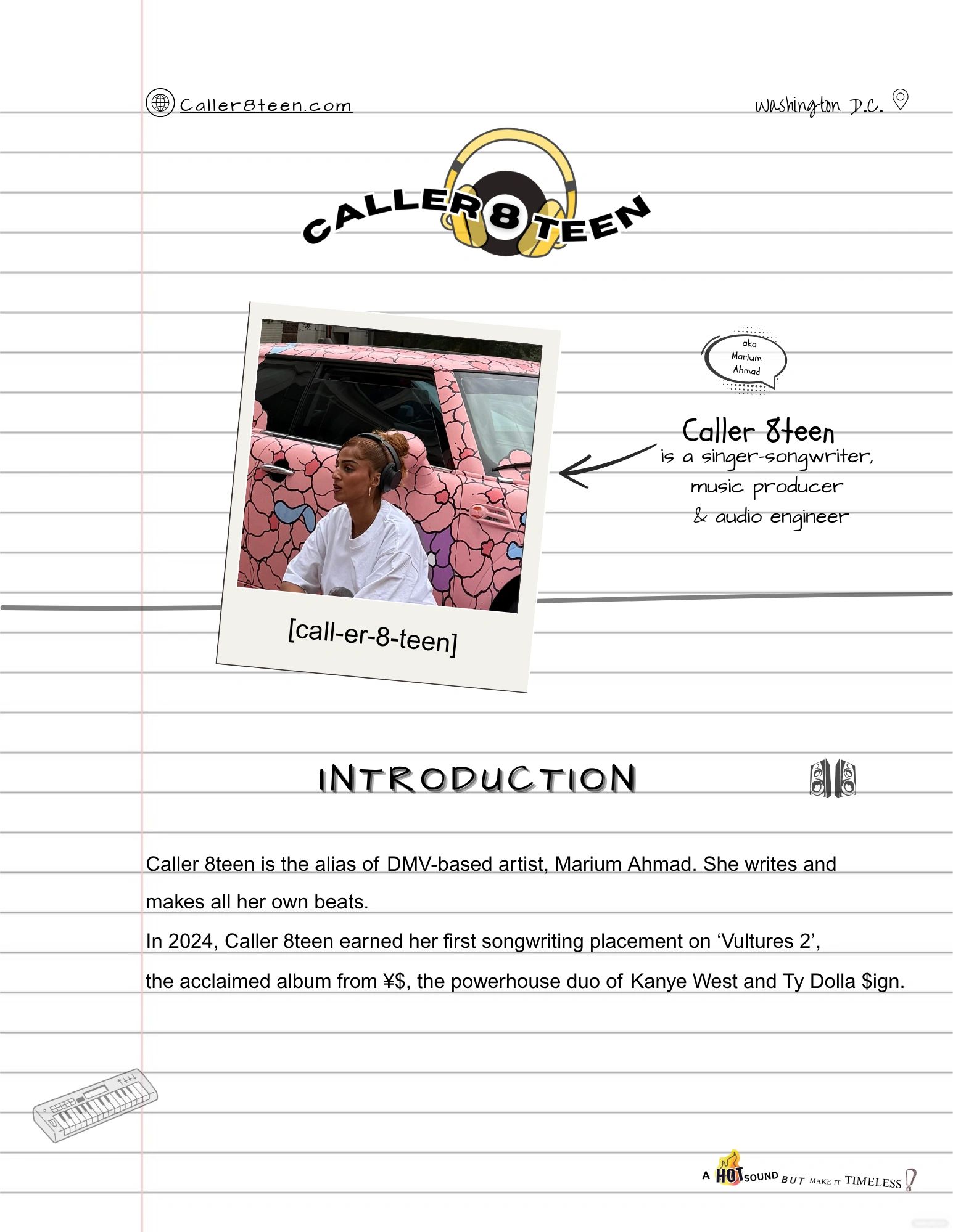Introduction to Caller 8teen, a singer-songwriter and producer.