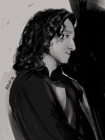 Black and white digital portrait of a man with long curly hair in profile.