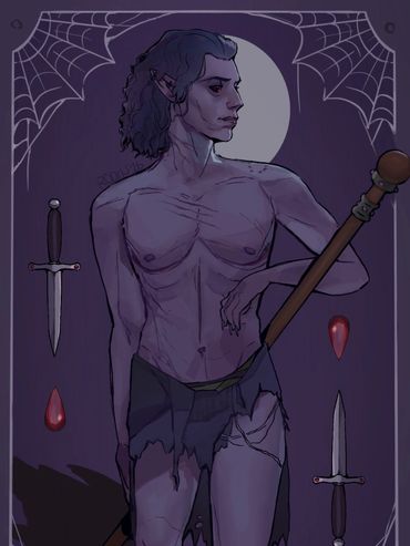 A pale, shirtless vampire with pointed ears stands under a full moon, surrounded by daggers and cobwebs.