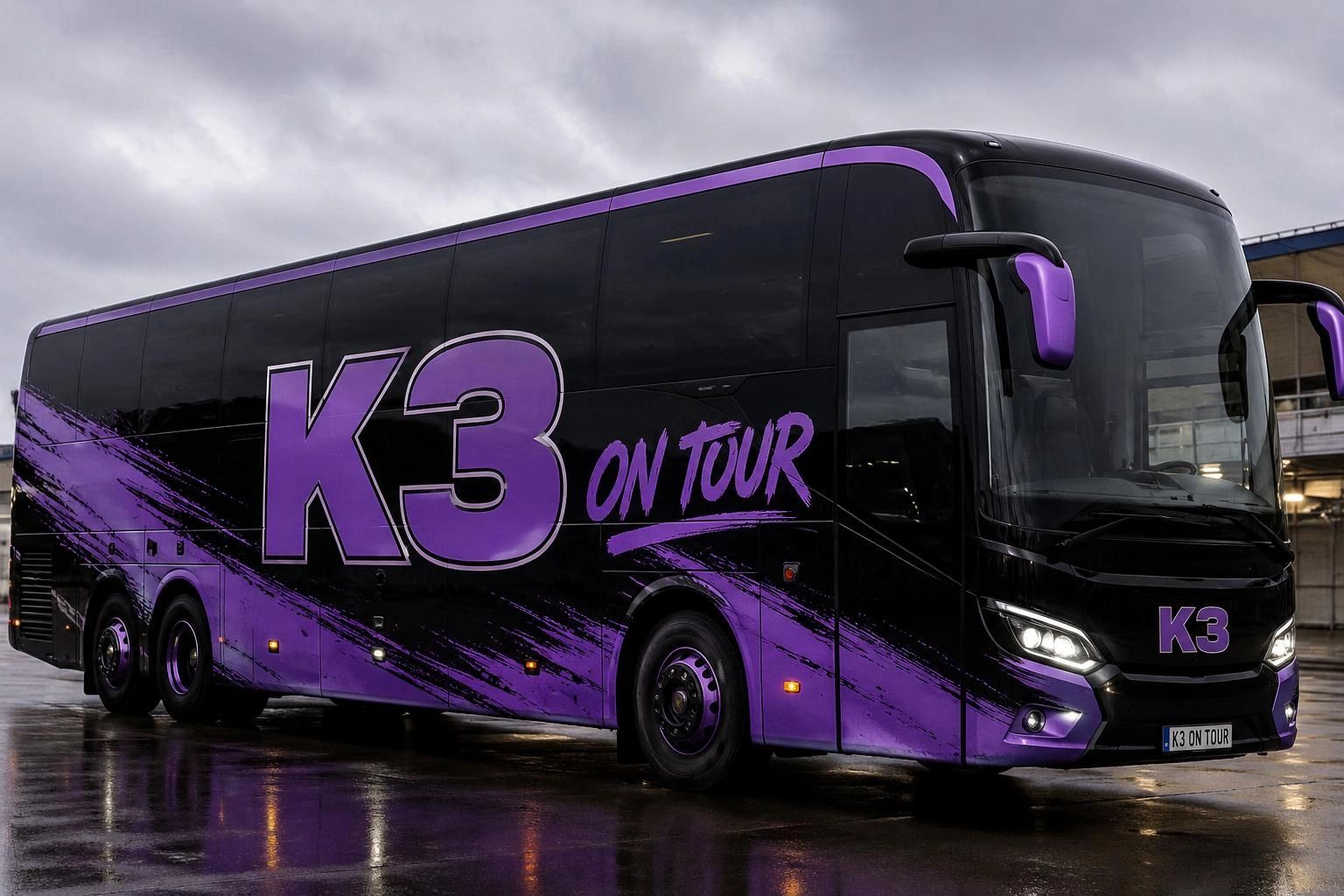 A sleek black and purple tour bus with "K3 ON TOUR" branding.