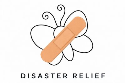 Butterfly with a bandage and text 'Disaster Relief'.