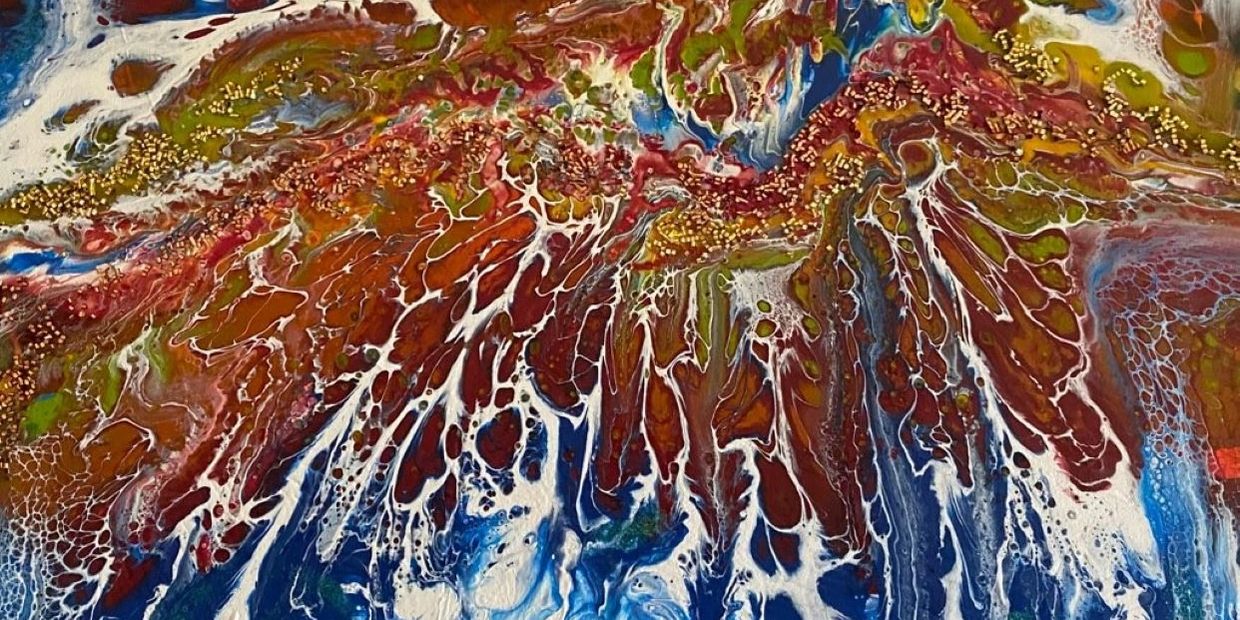 Abstract fluid art with vibrant reds, blues, and whites creating dynamic, flowing patterns.