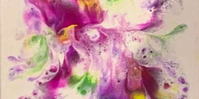 Abstract art with vibrant purple, green, and yellow colors blending on a white background.