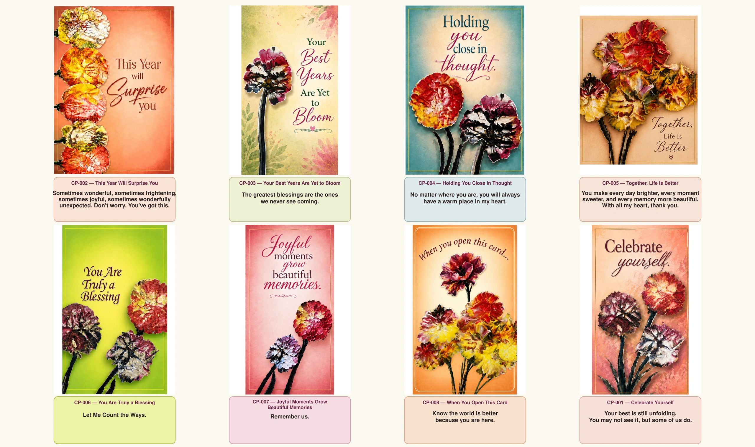 Colorful greeting card display designed from actual paintings. "Colors in Bloom"