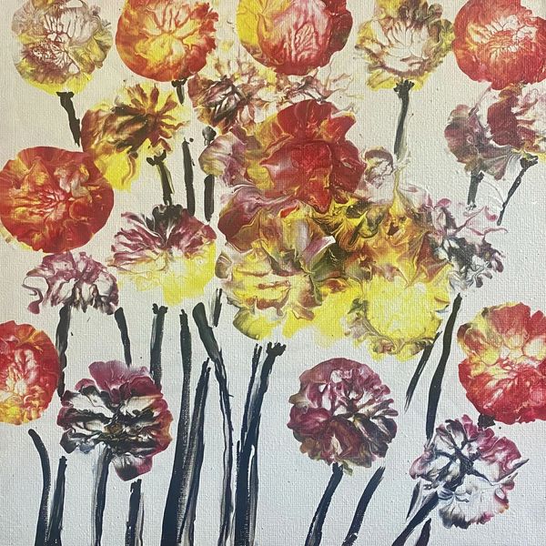 Abstract floral painting with vibrant colors.