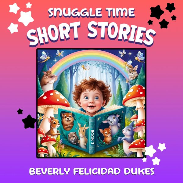 Child reading a magical storybook surrounded by forest animals and a rainbow.