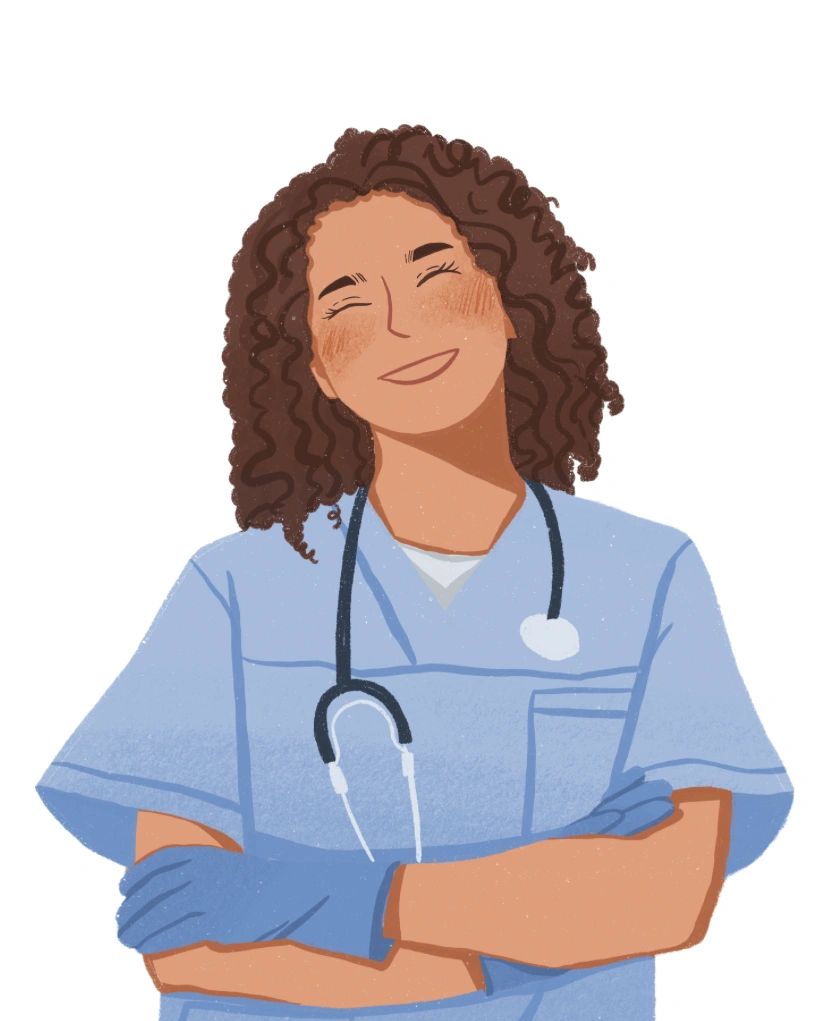 Smiling healthcare worker in scrubs with stethoscope and gloves.