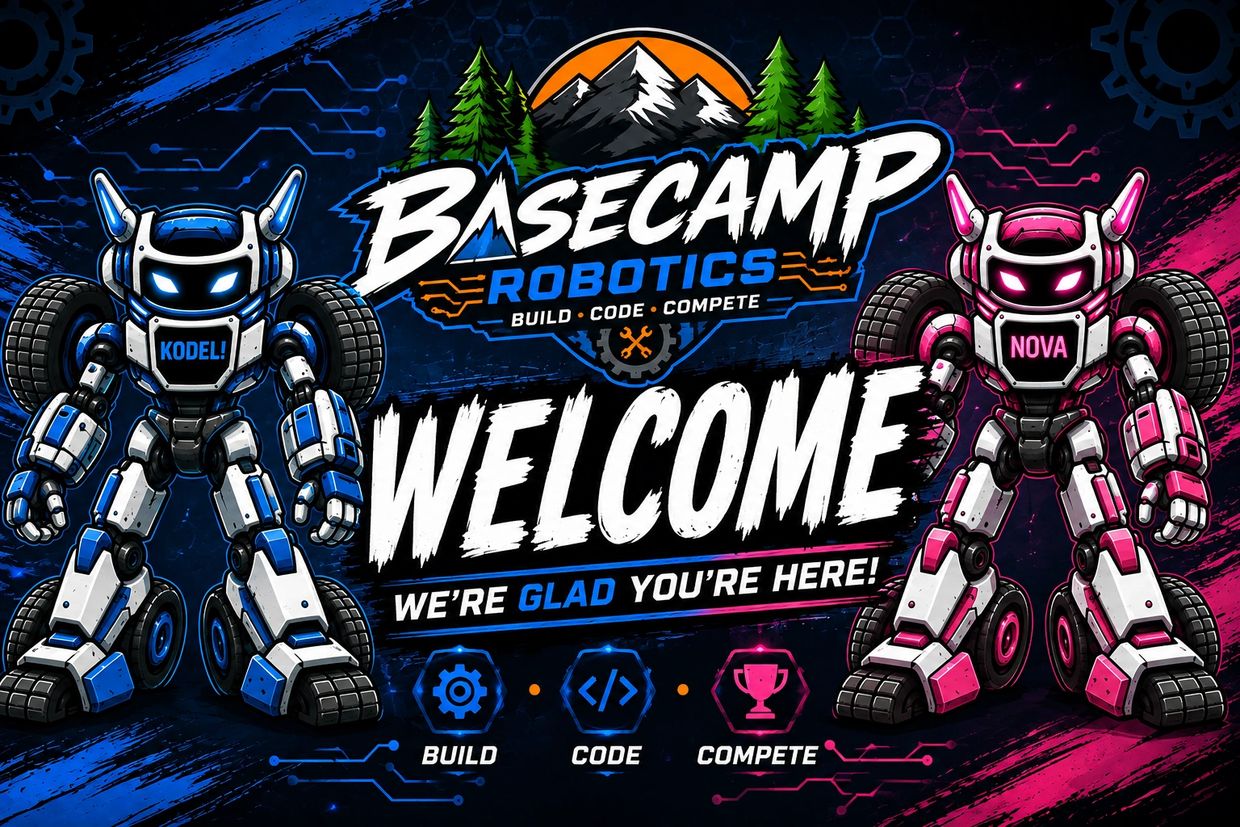 Welcome image for Basecamp Robotics with two robots and motivational text.