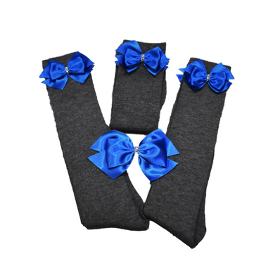 Grey Socks with Blue Bows and Matching Clip