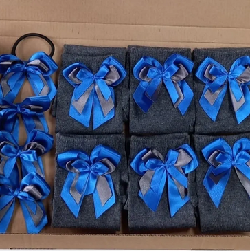 Grey Socks with Royal Navy and Grey -Triple Coloured Bows with Matching Bows Box Set.