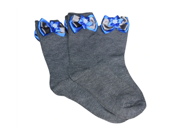 Grey socks with Royal Blue and Grey bows