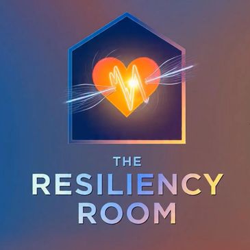 Logo for The Resiliency Room with a glowing heart and pulse inside a house shape, podcaster logo.