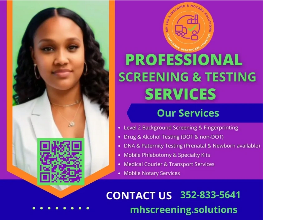 Professional screening and testing services offered with contact details and QR code.