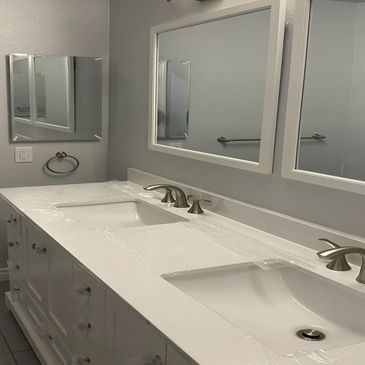 Bathroom Remodel Twin Under Mount Sinks quartz countertop white with grey walls twin hanging mirrors 