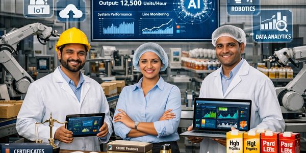 Three professionals in a factory setting with digital devices.