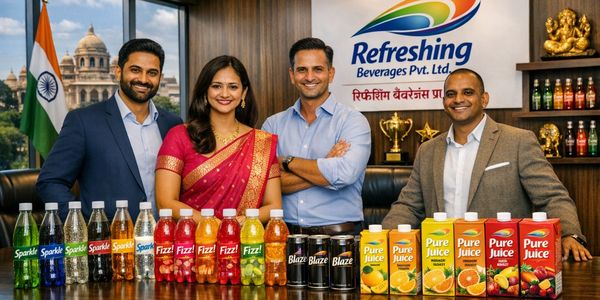Four business professionals standing behind a table of beverage bottles and cartons.