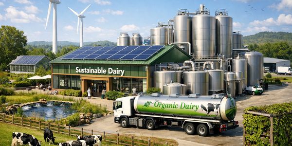 Organic dairy farm with sustainable facilities and cows.