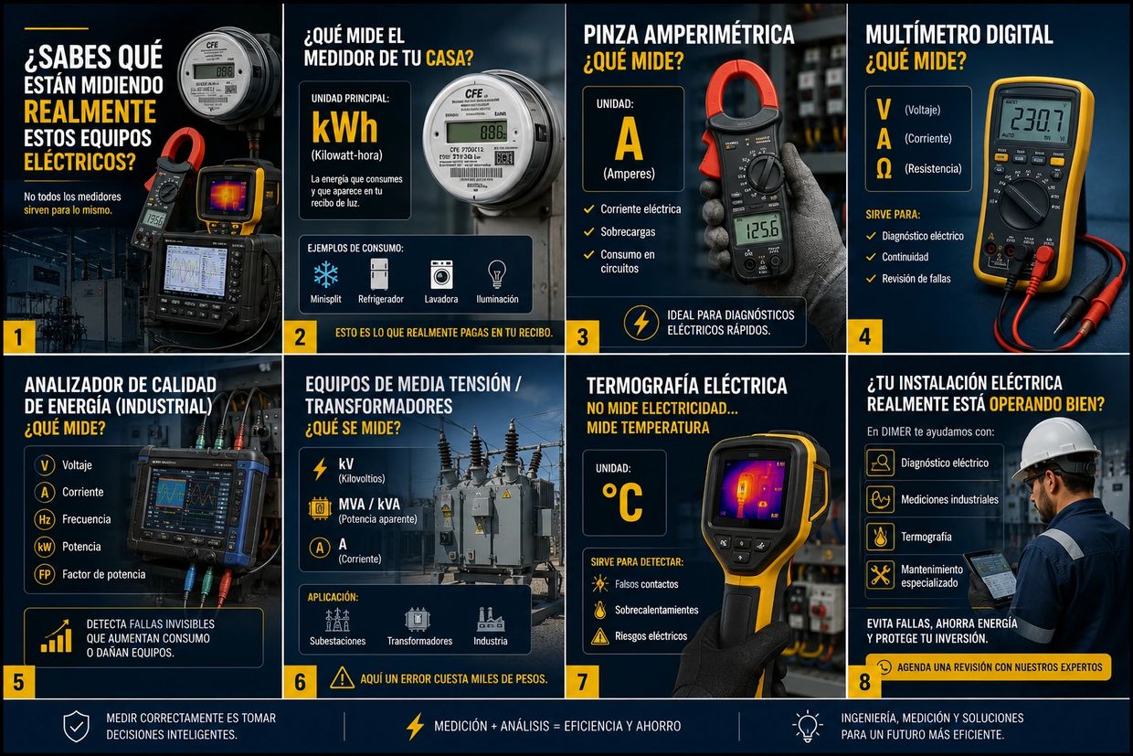 Infographic explaining what different electrical measuring devices really measure and their applications.