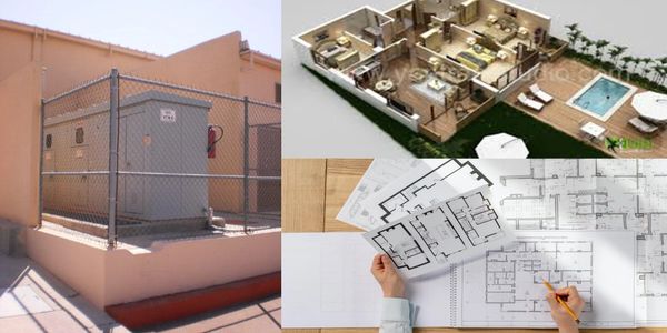 A fenced electrical transformer next to architectural plans and a house model.