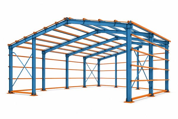 Steel frame structure with blue beams and orange braces for a building.